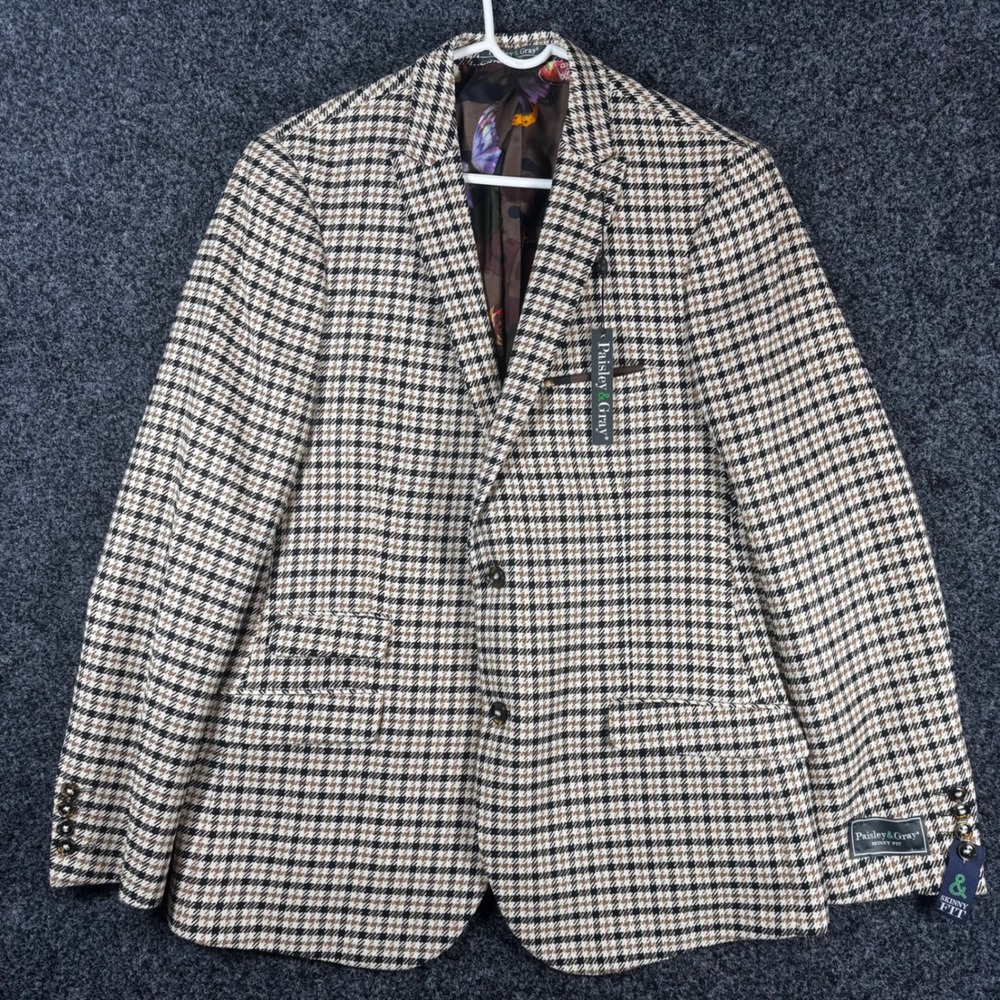Paisley & Gray Mens Skinny Fit Houndstooth Blazer‎ Tan Brown 44R New 2739J